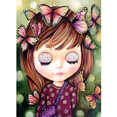Image of OWN4B Cross Stitch Kits Stamped, Girl and Butterflies Printed Pattern 11CT 14.2x18.1 inch DIY Embroidery Kit (Girl)