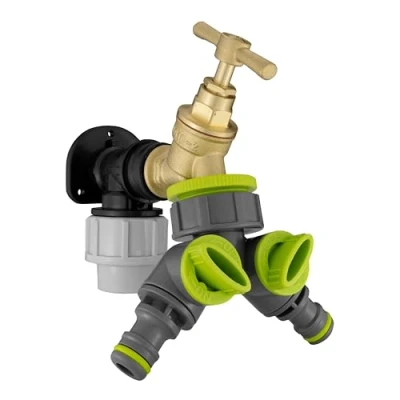 Image of tap kit for 25mm mdpe Water Supply Pipe,Backplate+Brass bib tap+Two Outlet Hose Splitter+PTFE Tape