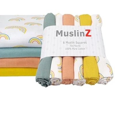 Image of MuslinZ 6pk Baby Muslin Squares, Burp Cloths, Cloths for Baby, Breastfeeding Cover, Nappy, large 70x70cm 100% Pure Cotton UK Brand Absorbent &amp; Breathable (Scandi Rainbow)