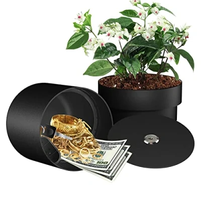 Image of Iron Flower Pot Secret Compartment, Hidden Safe Compartment Lock Box Hideaway Money, Keys and Other Valuables, Waterproof, Corrosion (Black)