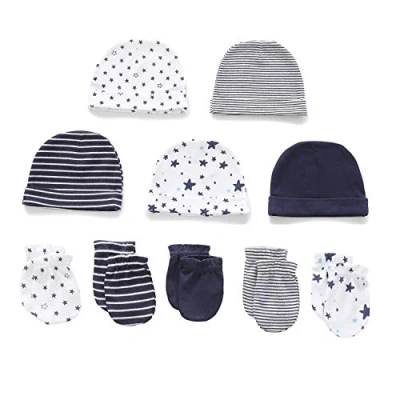 Image of Baby Hat and Mittens, Newborn Set, 5 Hats Pairs Mittens for Babies, Boys, Girls, Ages 0 6 Months, 100% Cotton Dark Blue