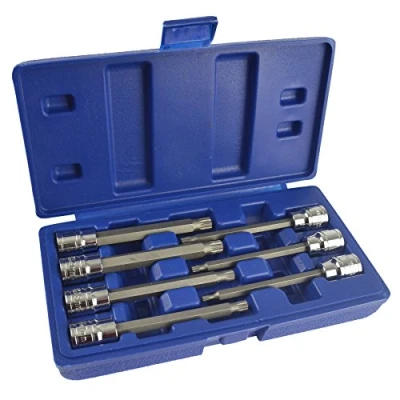 Image of 3/8&quot; Drive Extra Long Male Spline Bit Triple Square Sockets M4 M10 7pc Set