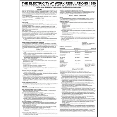 Image of The Electricity At Work Regulations 1989 Safety Poster, 1.2mm Recyclable Polypropylene, W400mm x H600mm