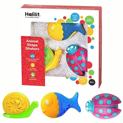 Image of Halilit Animal Shaker Musical Instrument Gift Set. Sensory Toy Set for Babies Includes 3 Brightly Coloured Baby Shakers and Rattles. Suitable Boys Girls months +