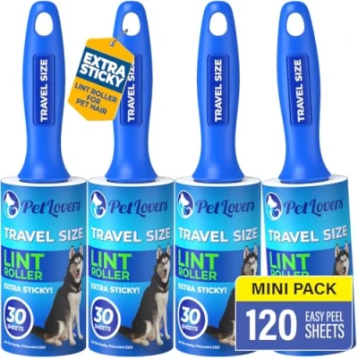 Image of PetLovers Mini Lint Rollers for Travel 4 Pack Small Sized Removers Easy Portability, Great Pet Hair and Debri Pickup
