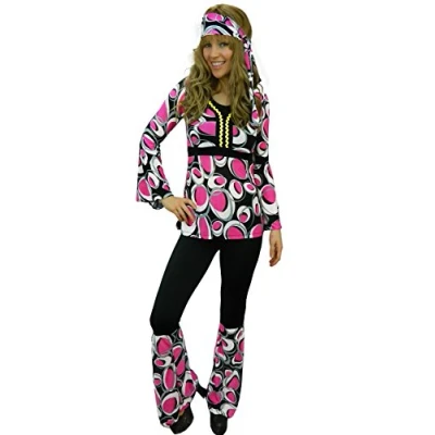 Image of Yummy Bee Hippy Plus Size 6 18 Fancy Dress Costume 60s 70s Ladies Flower Power Hippie Adult Gogo Disco (Pink, Women: 12, XL)