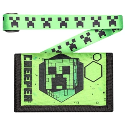 Image of Minecraft Wallet for Boys andGirls Green Creeper Video Game Money Attached Lanyard Official Merchandise