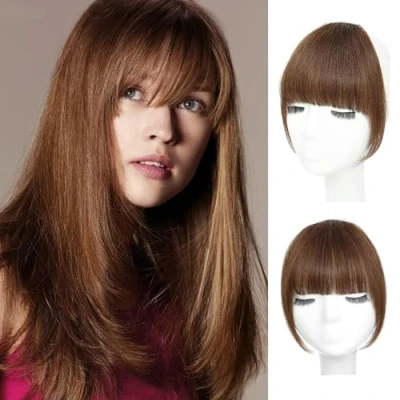 Image of Clip in Bangs 100% Human Hair Wispy Extensions,Light Brown French Fringe with Temples Hairpieces for Women Curved Daily Wear (Light Brown, Bangs)