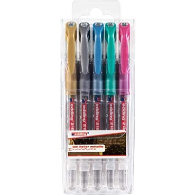 Image of edding 2185 gel roller gold, silver, blue, green, pink (metallic) set of 5 0.7 mm pen for writing, drawing, colouring mandalas, bullet journals glitter pen, colour