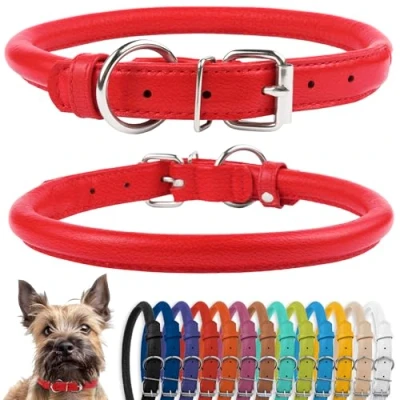 Image of CollarDirect Rolled Leather Dog Collar, Soft Padded Round Puppy Handmade Genuine Collar Small Large Cat Collars Black Pink Red Purple Blue (Fits 7&quot; 9&quot; Neck, Red)