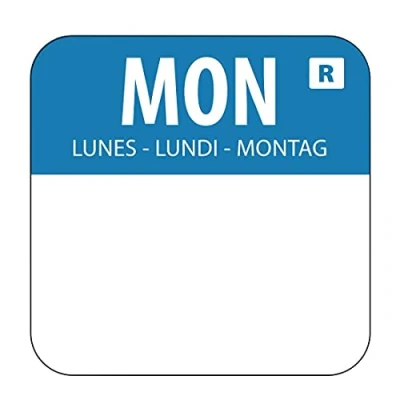 Image of &quot;1&quot; Colour Coded Blue Monday Food Safety Day labels Rotation System Catering Hygiene Home Kitchen Restaurant Storage Blue. 1000 per roll&quot;