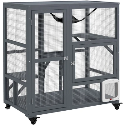 Image of PawHut Cat Cage House, Catio Outdoor Enclosure on Wheels, Weather Resistant Wooden Kitty with Platforms, Hammock, Light Grey