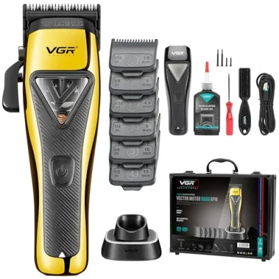 Image of VGR Professional Hair Clippers Men Cordless Barber Machine Barbershop Haircut Cutting Kit Vector 9000 RPM Motor DLC Blades Electric Rechargeable USB C 120 Minutes Battery Long Beard Trimmer