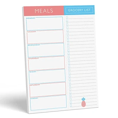 Image of Sweetzer &amp; Orange Meal Planner Notepads Blue Pink Design Notepad Organiser for Weekly/Daily Food Planning Tear Off Grocery Shopping List, 2 Magnets Hanging on Fridge Door 17x25cm, 52 Sheets
