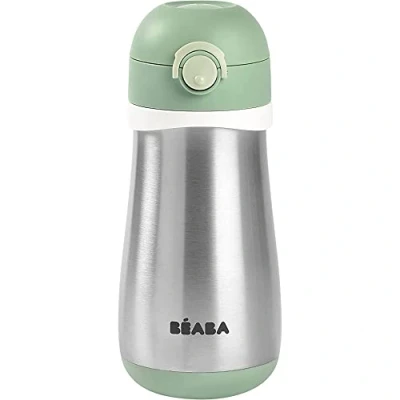 Image of Béaba Stainless Steel Water Bottle for Kids, 2 in 1 Bottle/Glass, Push Button Easy Opening, Durable, Healthy, Removable Handles, Steel, 350ml, Sage Green