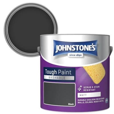 Image of Johnstone&#039;s Washable Paint Black Matt Finish Emulsion Highly Durable Stain Resistant Non Toxic &amp; Low Odour 12m2 Coverage per Litre 2.5L