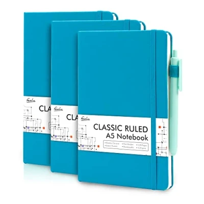 Image of feela A5 Notebooks Multipack, 3 Pack Ruled Lined Notepads (120 GSM), Hardback Journal Notebook with Black Gel Pens for Work, Study, Journaling, Note Taking, 128 Pages/Pack, 21 x 13 cm, Teal