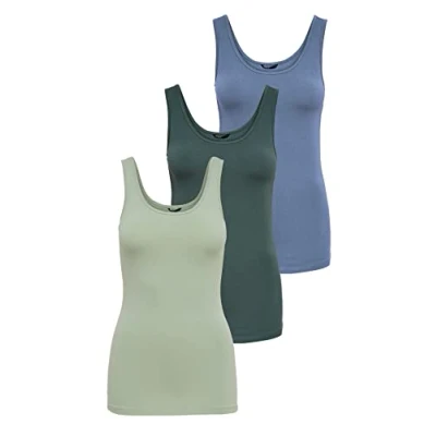 Image of ONLY Women&#039;s Onllive Love Tank TOP 3 Pack, Desert Sage/Balsam Green/CHI, XL (EU)