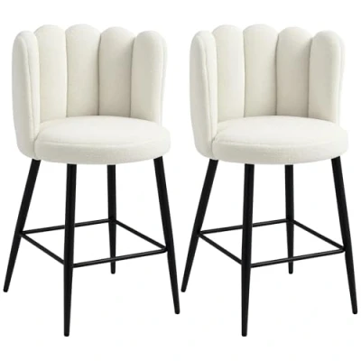 Image of HOMCOM Bar Stools Set of 2, Faux Cashmere Upholstered Breakfast Chairs, Modern Kitchen with Backs, Footrest and Steel Base, Cream