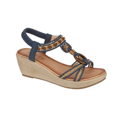 Image of Jo &amp; Joe Ladies Embellished Trim Elasticated Back Strap Wedge Sandals (Navy, UK Footwear Size System, Adult, Women, Numeric, Medium, 5)