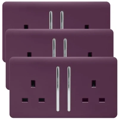 Image of Trendi 2 Gang Artistic Modern Glossy 13 Amp Switched Plug Socket Plum (3 Pack)