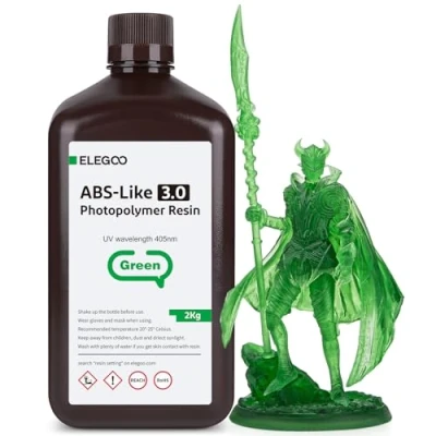 Image of ELEGOO Upgraded ABS Like Resin 3.0, 405nm UV Curing 3D Printer with Higher Precision and lower Shrinkage, Enhanced Strength Toughness Photopolymer for LCD Clear Green 2KG