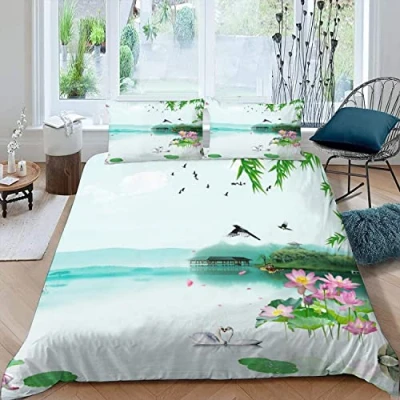 Image of Lake Swan Bamboo Bedding set 3 pieces Duvet Cover Single for Kids Children Teens Adults 3D Printed Landscape Soft Microfiber Comforter with Zipper 1 Quilt + 2 Pillowcases