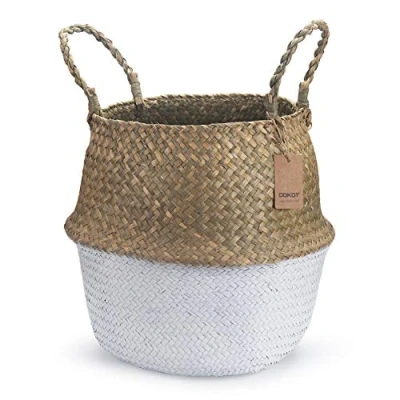 Image of Seagrass Belly Basket Natural Woven Plant Pot Foldable with Handles for Storage Laundry Blankets Toys (Natural + White)