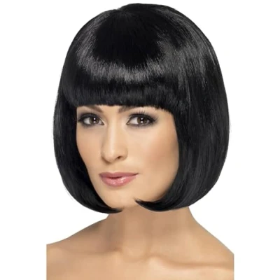 Image of Smiffys Partyrama Wig, 12 inch, Black Short Bob with Fringe, Ladies Glamour Wigs Fancy Dress, Adult Dress Up
