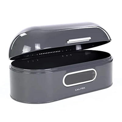 Image of Calitek Retro Bread Bin Storage Box Round Top Kitchen Counter Loaf Pastries Baked Goods Container Coated Carbon Steel (Grey)