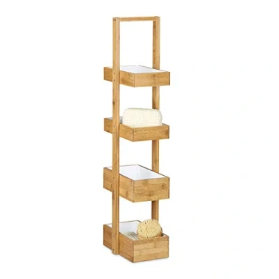 Image of Relaxdays Caddy Size: 88.5 x 25.5 18.5 cm Practical Shelves w/ 4 Compartments Basket Bamboo Butler Box Storage Wood for Bathrooms &amp; Moist Areas, Natural Brown/White,