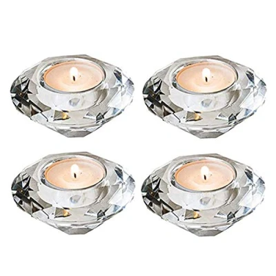 Image of Nuptio Tea Light Candle Holders: 4 Pcs Tealight Holders Glass Holder Votive Crystal Candleholders Hand Cut Diamond Wedding Table Centrepiece Decorations Christmas Birthday Party Gifts for Mum