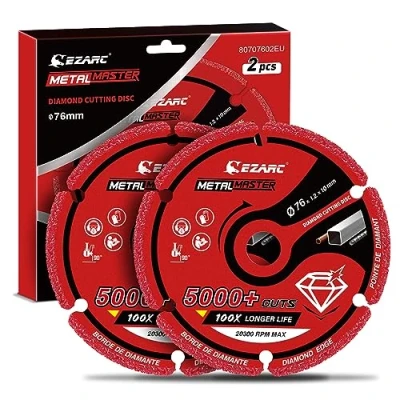 Image of EZARC Diamond Cutting Wheel 76x10 mm for Metal, Cut Off with 5000+ Cuts on Rebar, Steel, Iron and INOX, 2 Pack