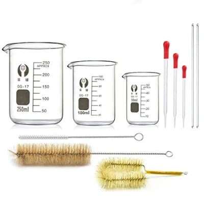 Image of Glass Beakers Set, JESSTOLO 3pcs Graduated Measuring 50ml/100ml/250ml with 3 Droppers, Cleaning Brush and 2 Stirring Rod for Chemical or Kitchen