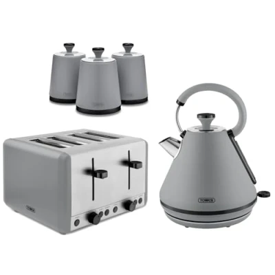 Image of Tower Sera 1.7L 3KW Pyramid Kettle, 4 Slice Toaster &amp; Tea, Coffee, Sugar Canisters in Grey with Smoked Black Trim. Contemporary Matching Kitchen Bundle Set