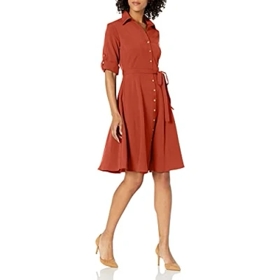 Image of SHARAGANO Women&#039;s Button Front Pleated Shirt Dress Casual, Arabian Spice, 18