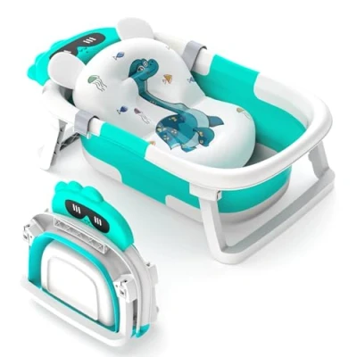 Image of Baby Bath Tub Foldable, Essentials for Newborn with Non Slip Mat Collapsible Toddler Bathtub to 0 24 Months Portable Travel Multifunctional Tub, Blue