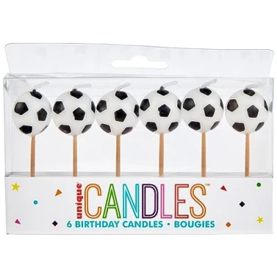 Image of Black &amp; White Soccer Ball Birthday Candles (7cm) Pack of 6 Cake Topper Picks, Festive Party Decorations