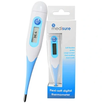 Image of Thermometer for Adults Flexi Soft Digital Compact Adult Kids Babies Large Easy to read LCD Display with Dual Scale Blue and White Flexible