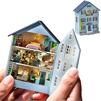 Image of Dollhouse DIY Miniature Wooden Furniture Kit,Mini Handmade Doll House with LED,1:24 Scale Creative Woodcrafts Toys for Adult Friend Lover Birthday Gift (MoLan House)