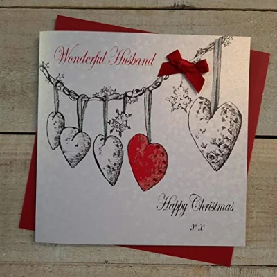 Image of WHITE COTTON CARDS Wonderful Husband Happy, Handmade Christmas Card (Heart Garland, Code EX651)