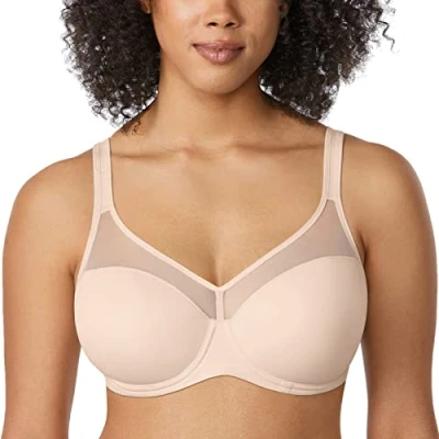 Image of Delimira Women&#039;s Full Coverage Lightly Padded Bra Underwire Mesh Support Comfort T Shirt Beige 38B