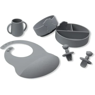 Image of Bubba Bear ® Baby Weaning Suction Plate, Bowl, Bib &amp; Spoon Set Toddler Feeding Bowls, Plates Spoons Sets for Babies (Storm Grey, 6)