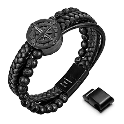 Image of murtoo Bracelets for Men Black Leather Mens Bracelet Silver Chain Magnetic Clasp Gift Him Viking (Black Lava, 8.5&#039;&#039;)