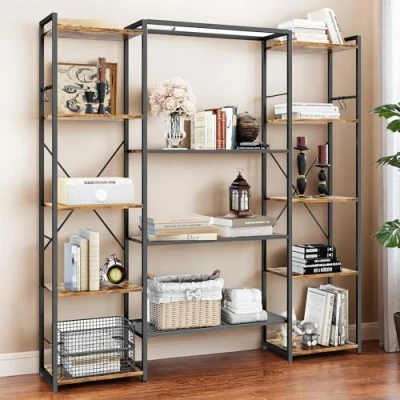 Image of YITAHOME Industrial Bookcase, 13 Shelf Floorstanding Bookshelf, Wooden Shelves and Metal Frame Shelving Unit, Book Rack Display Organizer for Living Room, Home Office, Rustic Brown