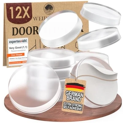 Image of WEIDEBACH® 12x discreet door knob stopper transparent, bumper pads self adhesive 0.79x0.2 in, elastic wall rubber stop, bumpers