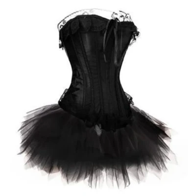Image of JL Corset Lace up Boned Corsets with Mini Tutu Skirt Outfit Hen Party Fancy Dress Set UK(10 12) L Black