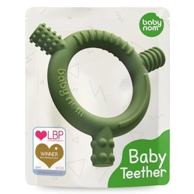 Image of Baby Nom ® Teething Toys for 3 Months and Up Food Grade Silicone Teether, Ring Sensory Development, Freezer Friendly, Olive