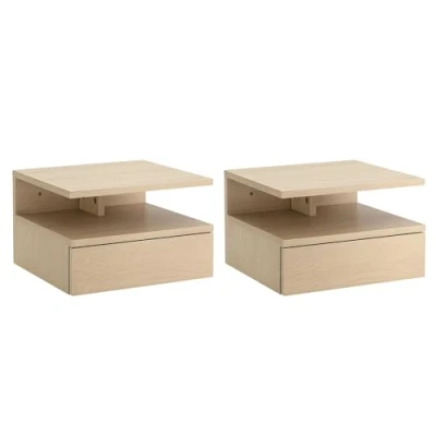 Image of HOMCOM Floating Bedside Table Set of 2, Wall Mount Nightstands with Storage Drawer and Open Shelf for Bedroom, Oak Tone