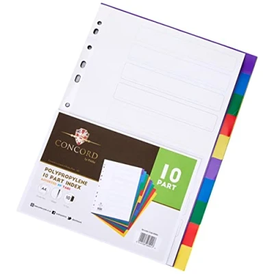 Image of Concord Plastic Subject Dividers Polypropylene 120 Micron Europunched 10 Part A4 Assorted Ref 06901